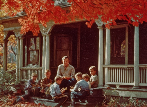 Trading cards on the porch
